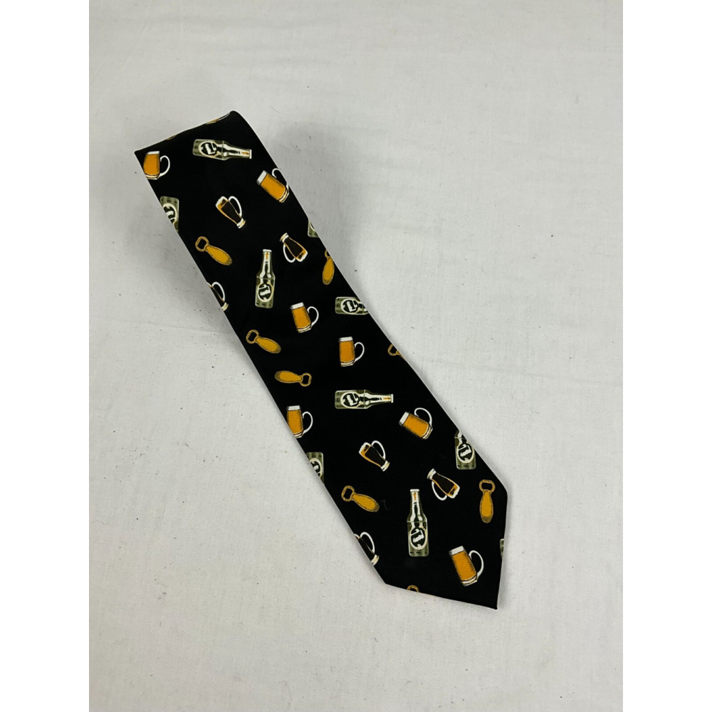 Men’s Parquet Handmade Polyester Bartender Beer Mug Print Necktie Black EUC